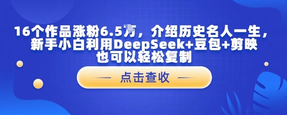 16个作品涨粉6.5W，介绍历史名人一生，新手小白利用DeepSeek+豆包+剪映也可以轻松复制-微众资源