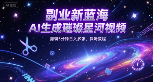 副业新蓝海，AI生成璀璨星河视频，剪辑5分钟日入多张，保姆教程-微众资源