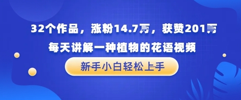 32个作品，涨粉14.7W，获赞201W，每天讲解一种植物的花语视频，无需任何技巧，新手小白轻松上手-微众资源