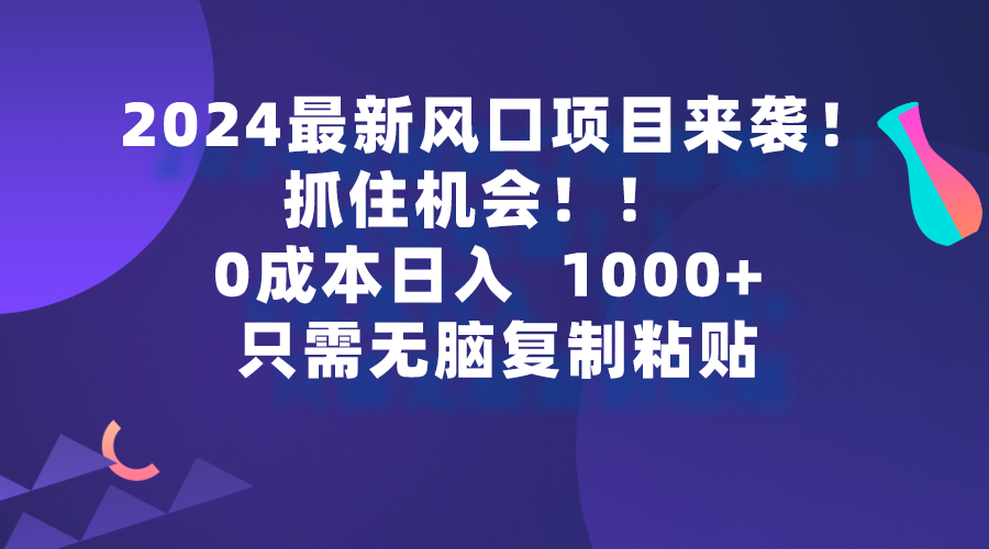 2024最新风口项目来袭，抓住机会，0成本一部手机日入1000+，只需无脑复…-微众资源