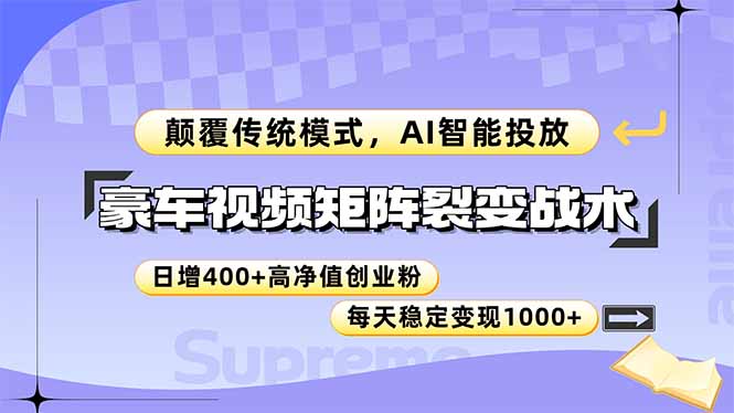 豪车视频矩阵裂变战术，颠覆传统模式，AI智能投放，日增400+高净值创业…-微众资源