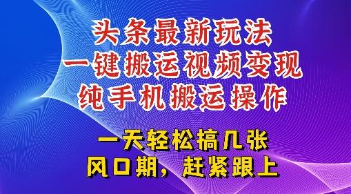 今日头条最新玩法，一键搬运视频也能轻松变现，随随便便就爆百W流量，新风口新玩法-微众资源