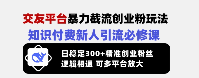 交友平台暴力截流创业粉玩法，知识付费新人引流必修课，日稳定300+精准创业粉丝，逻辑相通可多平台放大-微众资源