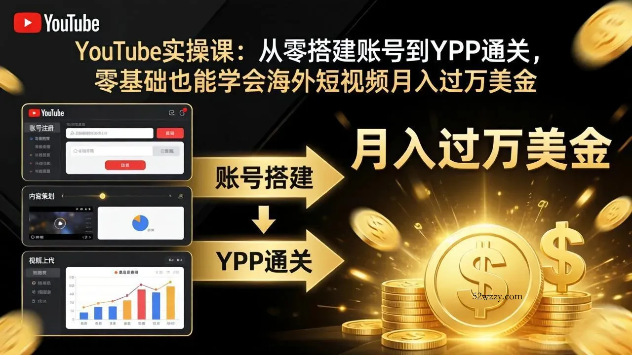 YouTube实操课：从零搭建账号到YPP通关，零基础也能学会海外短视频月入过万美金-微众资源