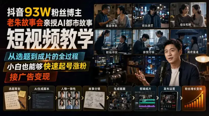 抖音93W粉丝博主老朱故事会亲授AI都市故事短视频教学,从选题到成片的全过程,小白也能够快速起号涨粉接广告变现
