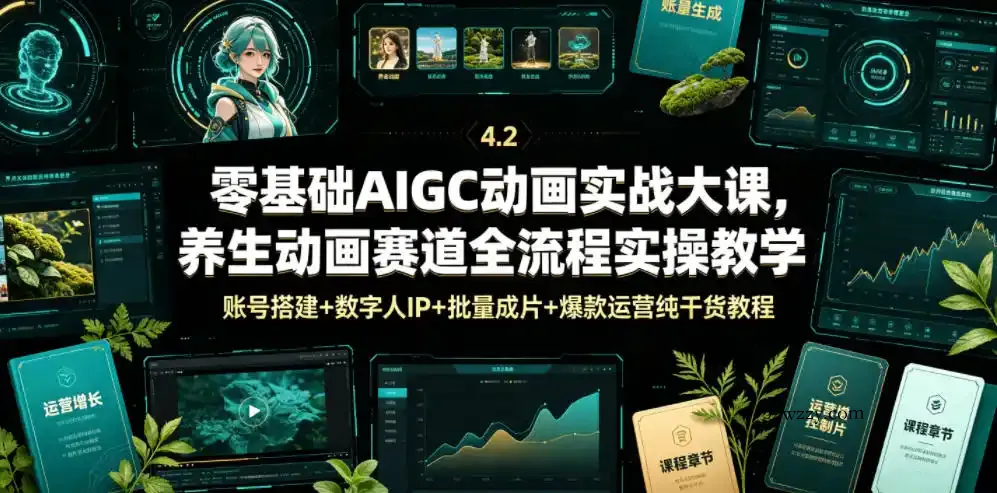 零基础AIGC动画实战大课，养生动画赛道全流程实操教学，账号搭建+数字人IP+批量成片+爆款运营纯干货教程-微众资源