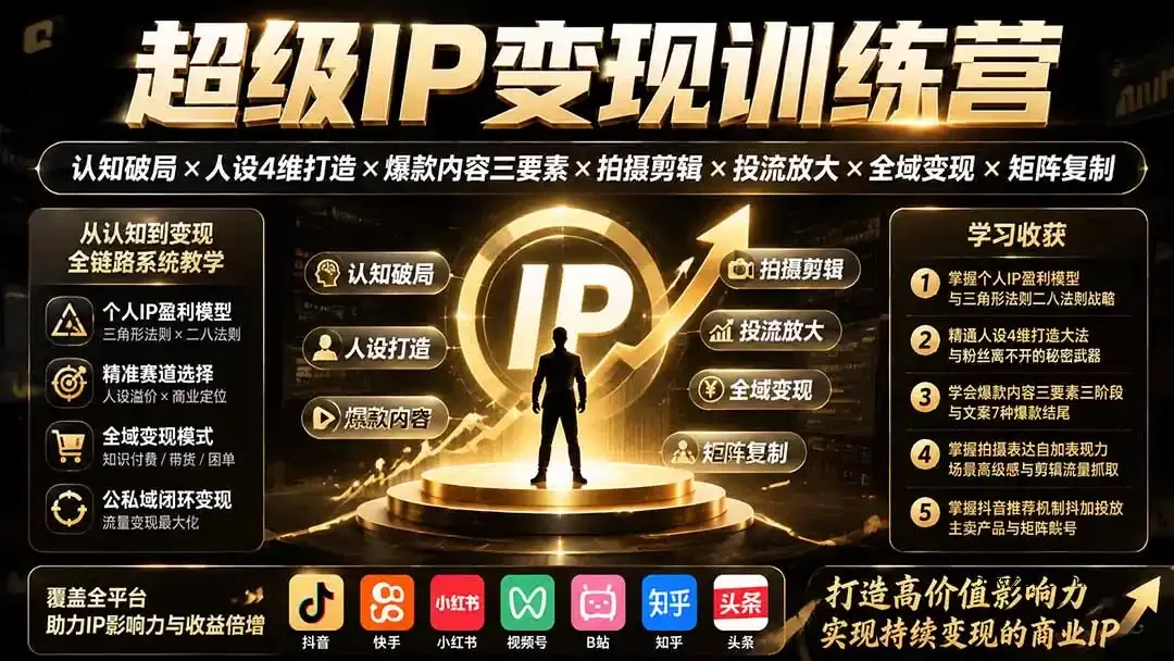 超级IP变现训练营：认知破局×人设4维打造×爆款内容三要素×拍摄剪辑×投流放大×全域变现×矩阵复制-微众资源
