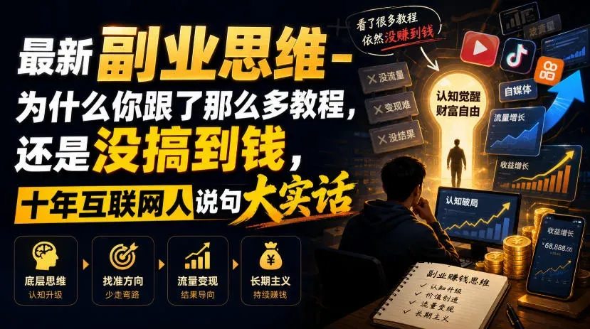 最新副业思维-为什么你跟了那么多教程，还是没搞到钱，十年互联网人说句大实话【揭秘】-微众资源