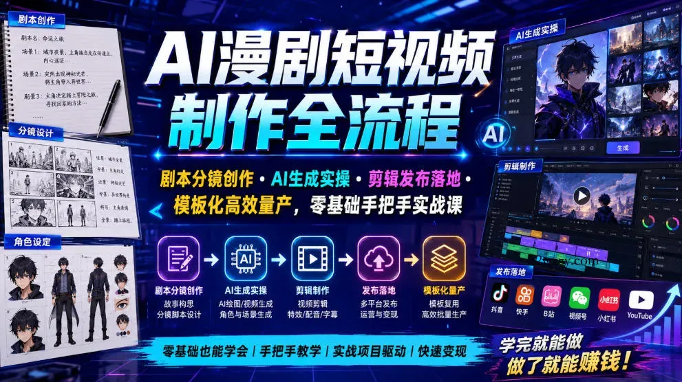 AI漫剧短视频制作全流程|剧本分镜创作・AI生成实操・剪辑发布落地・模板化高效量产,零基础手把手实战课-微众资源