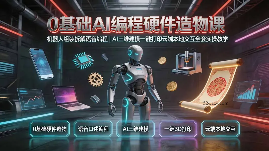 0基础AI编程硬件造物课｜机器人组装拆解语音编程，AI三维建模一键打印云端本地交互全套实操教学-微众资源