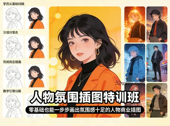 人物氛围插图特训班，零基础也能一步步画出氛围感十足的人物商业插图-微众资源