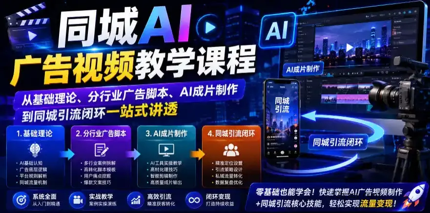 同城AI广告视频教学课程,从基础理论、分行业广告脚本、AI成片制作到同城引流闭环一站式讲透