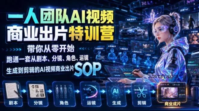 一人团队AI视频商业出片实战课:带你从零开始跑通一套从剧本、分镜、角色、运镜、生成到剪辑的AI视频商业出片SOP-微众资源