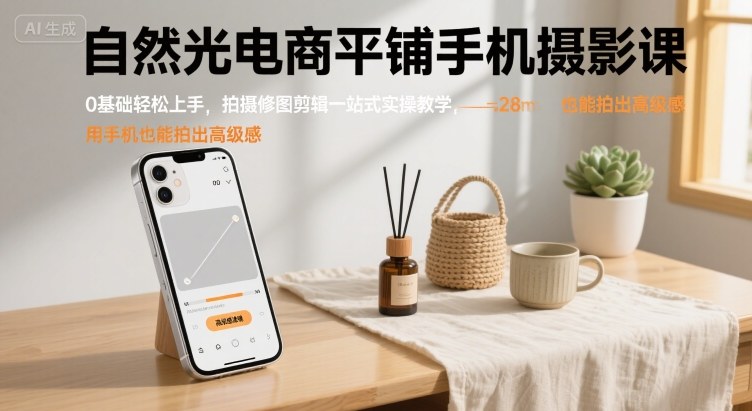 自然光电商平铺手机摄影课，0基础轻松上手，拍摄修图剪辑一站式实操教学，用手机也能拍出高级感-微众资源