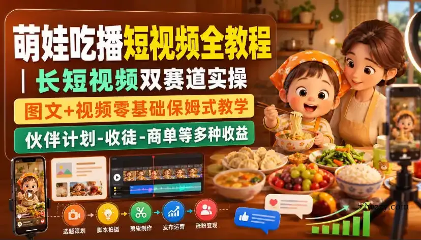 萌娃吃播短视频全教程|长短视频双赛道实操,图文+视频零基础保姆式教学,伙伴计划-收徒-商单等多种变现方式