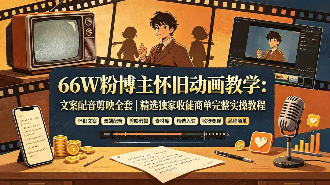 66W粉博主怀旧动画教学：文案配音剪映全套｜精选独家收徒商单完整实操教程-微众资源