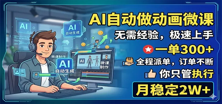 AI自动做动画微课，一单300+，全程派单，你只管执行，月稳定2W+-微众资源