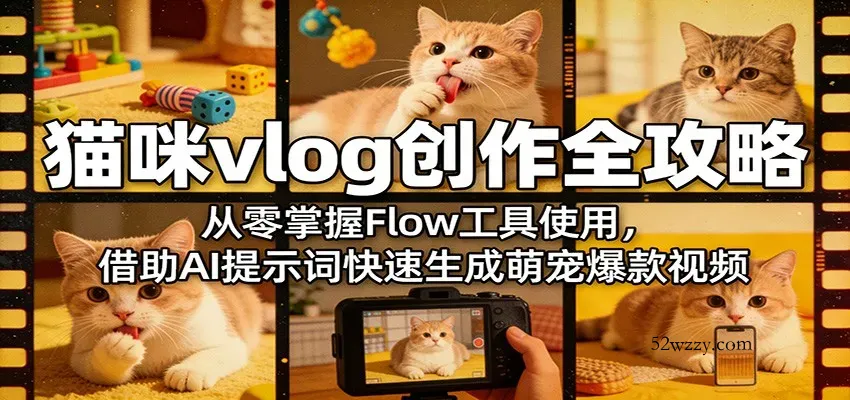 猫咪vlog创作全攻略：从零掌握Flow工具使用，借助AI提示词快速生成萌宠爆款视频-微众资源