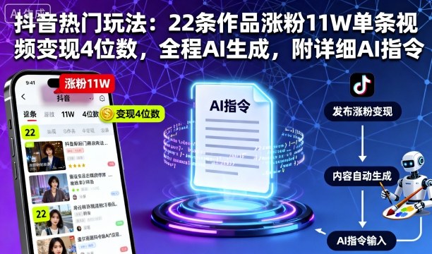抖音热门玩法：22条作品涨粉11W单条视频变现4位数，全程AI生成，附详细AI指令-微众资源