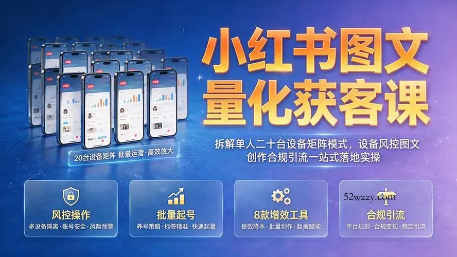 小红书图文量化获客课｜拆解单人二十台设备矩阵模式，设备风控图文创作合规引流一站式落地实操-微众资源