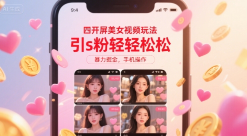 四开屏美女视频玩法，引s粉轻轻松松，暴力掘金，手机操作【揭秘】-微众资源