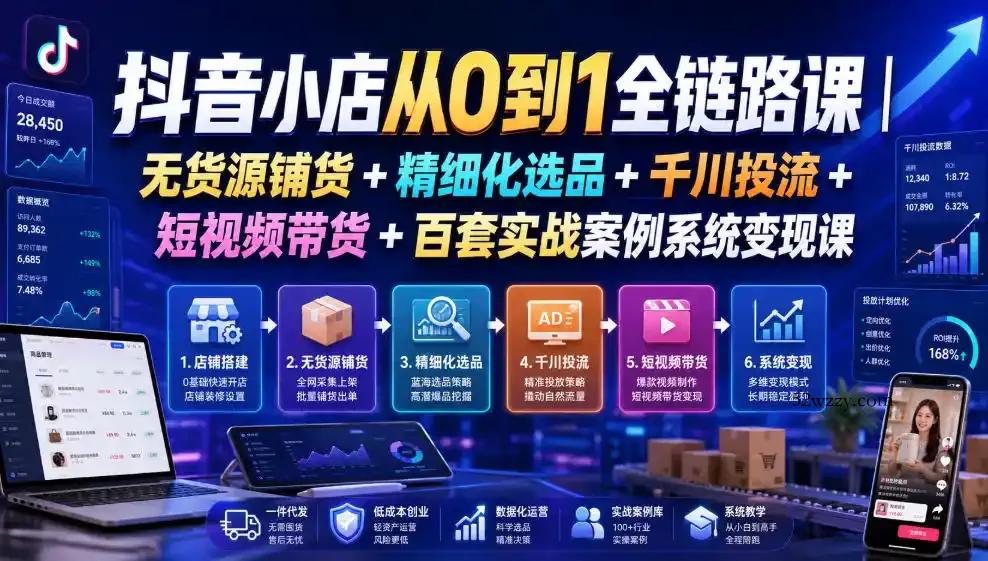 抖音小店从0到1全链路课|无货源铺货+精细化选品+千川投流+短视频带货+百套实战案例系统变现课(2026年7月更新)
