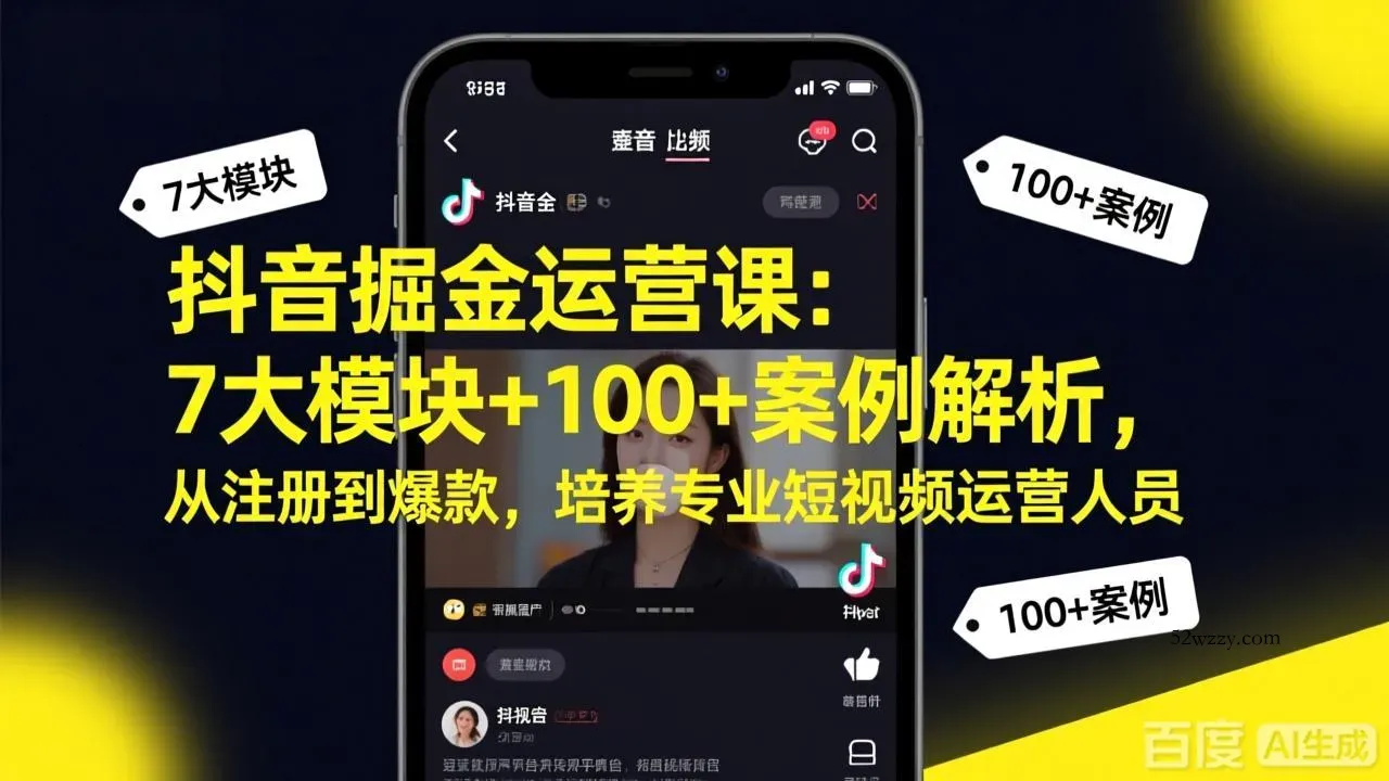 抖音掘金运营课：7大模块+100+案例解析，从注册到爆款，培养专业短视频运营人员-微众资源
