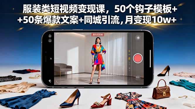 服装类短视频变现课，50个钩子模板+50条爆款文案+同城引流，月变现10w+-微众资源