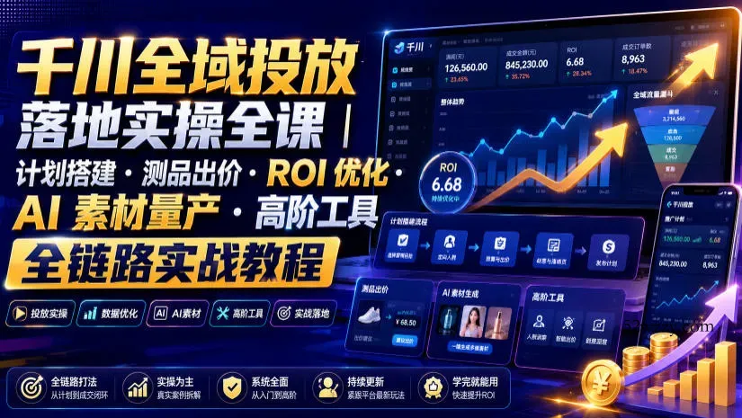 千川全域投放落地实操全课｜计划搭建・测品出价・ROI优化・AI素材量产・高阶工具全链路实战教程-微众资源