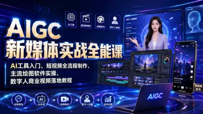 AIGC新媒体实战全能课｜AI工具入门、短视频全流程制作、主流绘图软件实操、数字人商业视频落地教程-微众资源