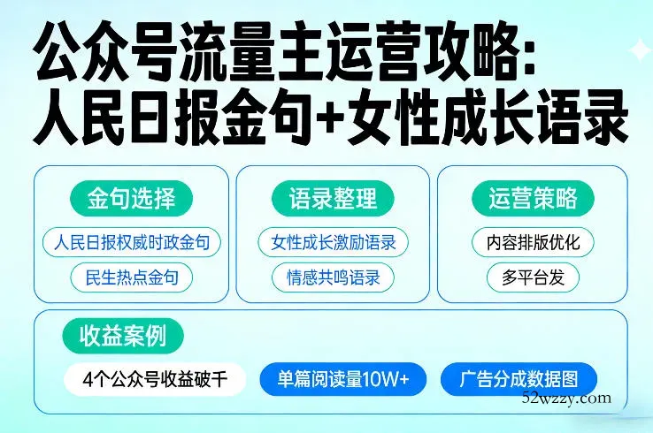 利用人民日报金句+女性成长语录做公众号流量主，4个公众号收益破千-微众资源