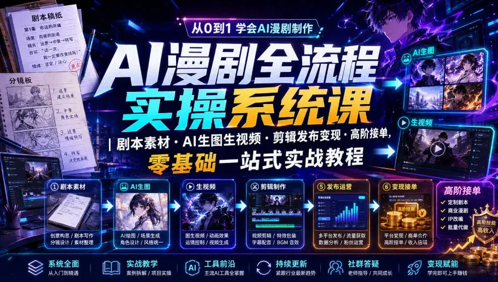 AI漫剧全流程实操系统课|剧本素材・AI生图生视频・剪辑发布变现・高阶接单,零基础一站式实战教程-微众资源