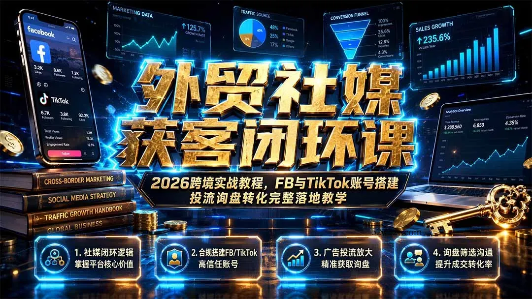 外贸社媒获客闭环课｜2026跨境实战教程，FB与TikTok账号搭建投流询盘转化完整落地教学-微众资源