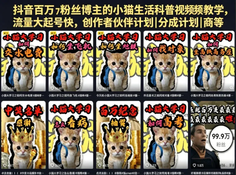 抖音百万粉丝博主的小猫生活科普视频教学，流量大起号快，创作者伙伴计划|分成计划|商单|收徒等-微众资源