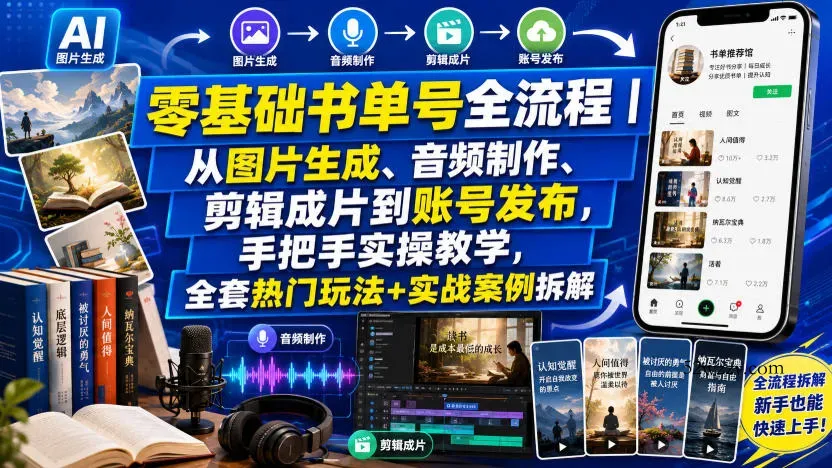 零基础书单号全流程｜从图片生成、音频制作、剪辑成片到账号发布，手把手实操教学，全套热门玩法+实战案例拆解-微众资源