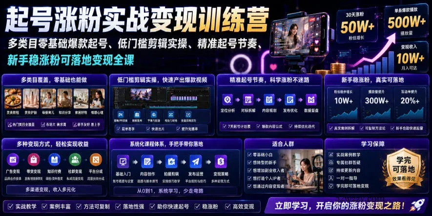 苗子起号涨粉实战变现训练营,多类目零基础爆款起号、精准起号节奏、新手稳涨粉可落地变现全课(更新0719)-微众资源
