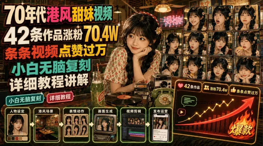 70年代港风甜妹视频,42条作品涨粉70.4W,条条视频点赞过万,小白无脑复刻,详细教程讲解-微众资源