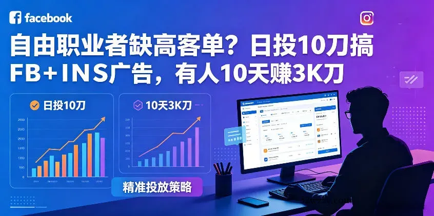 自由职业者缺高客单？日投10刀搞FB+INS广告，有人10天赚3K刀！【原创双语字幕】-微众资源