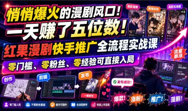 悄悄爆火的漫剧风口！一天賺了五位数！红果漫剧快手推广全流程实战课，零门槛、零粉丝、零经验可直接入局-微众资源