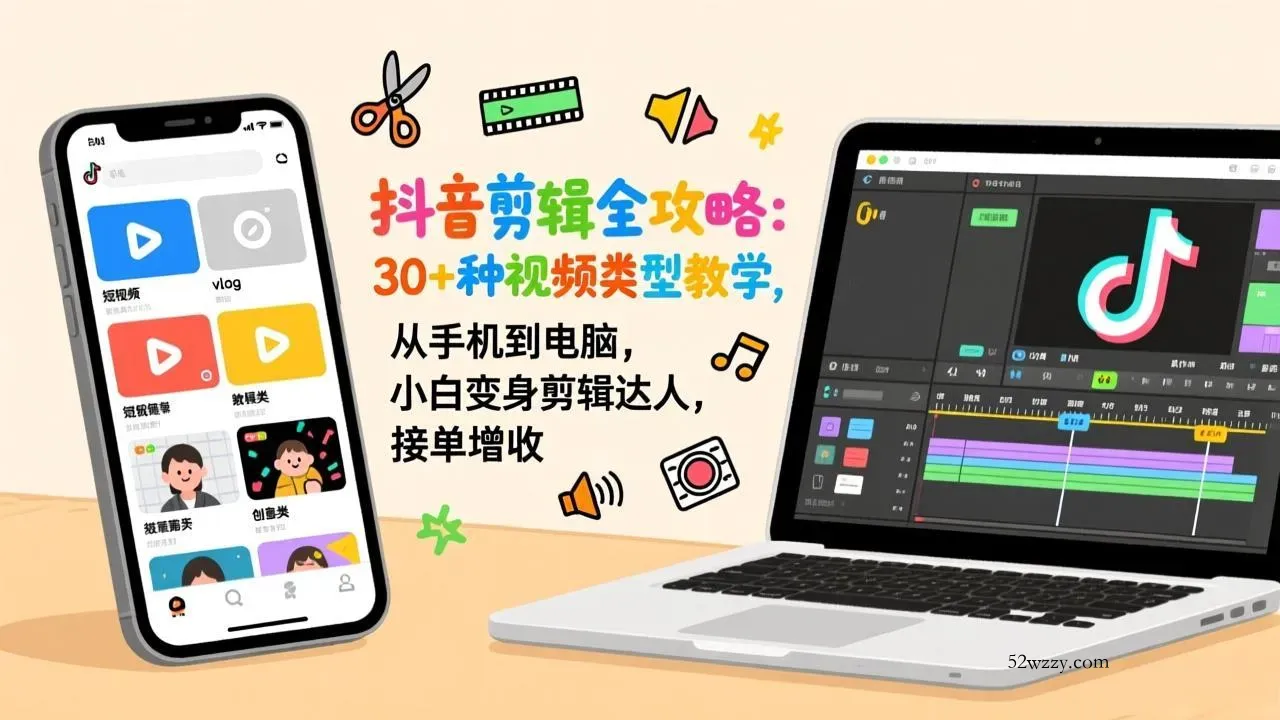 抖音剪辑全攻略：30+种视频类型教学，从手机到电脑，小白变身剪辑达人，接单增收-微众资源