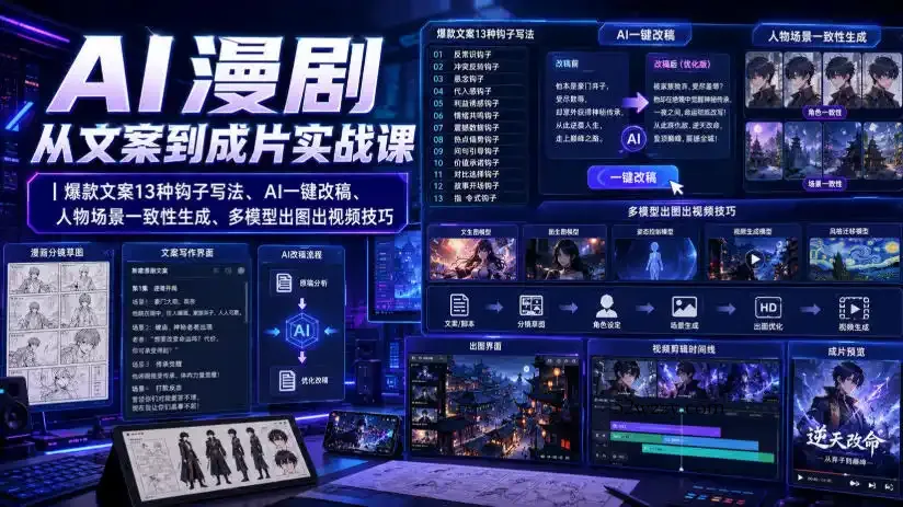AI漫剧从文案到成片实战课｜爆款文案13种钩子写法、AI一键改稿、人物场景一致性生成、多模型出图出视频技巧-微众资源