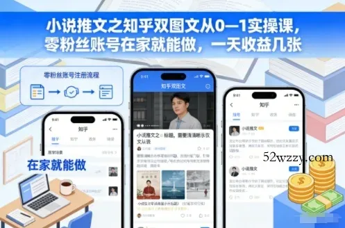 小说推文之知乎双图文从0—1实操课,零粉丝账号在家就能做,一天收益几张-微众资源