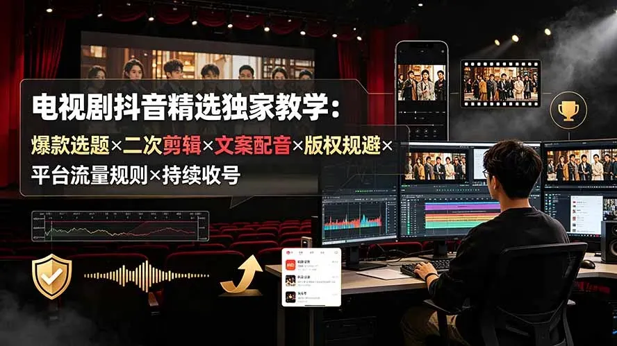 电视剧抖音精选独家教学：爆款选题×二次剪辑×文案配音×版权规避×平台流量规则×持续收益账号-微众资源