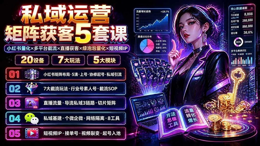 私域运营矩阵获客5套课：小红书量化×多平台截流×直播获客×绿泡泡量化×短视频IP×20设备×7大玩法-微众资源