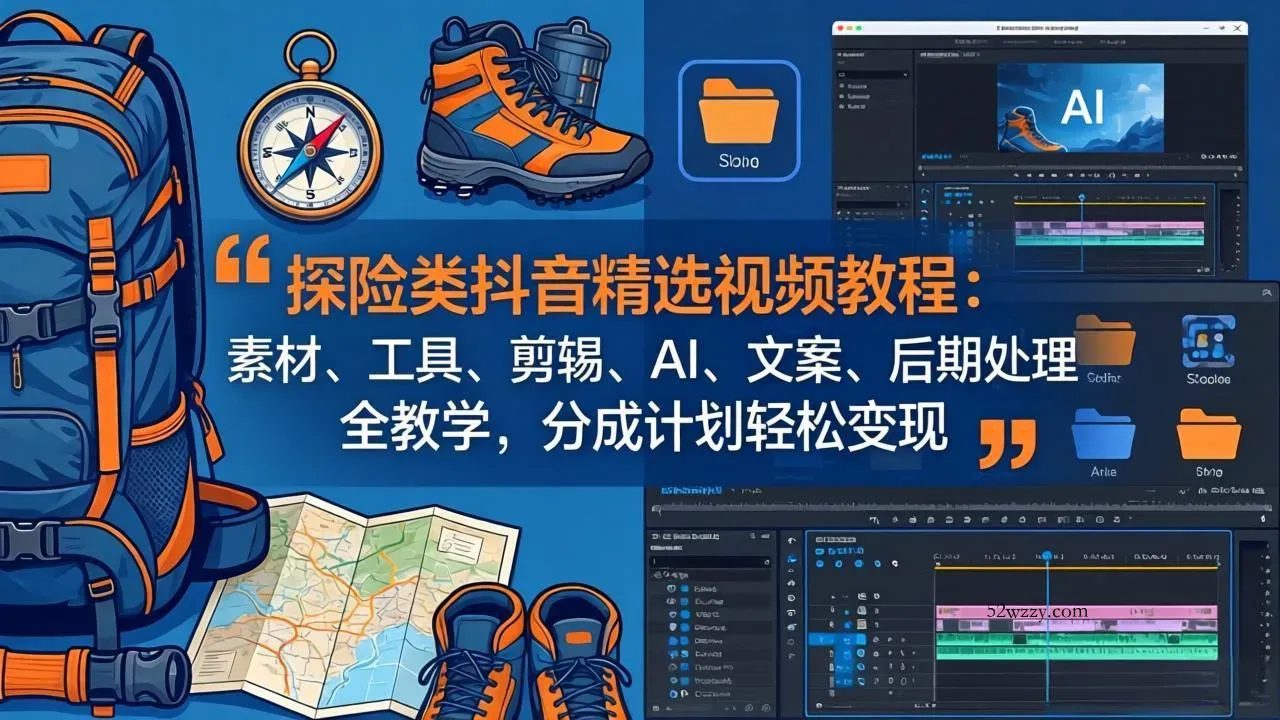 探险类抖音精选视频教程：素材、工具、剪辑、AI、文案、后期处理全教学，分成计划轻松变现-微众资源