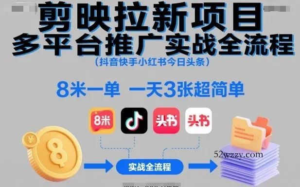 剪映拉新项目多平台推广实战全流程(抖音快手小红书今日头条),8米一单,一天3张超简单