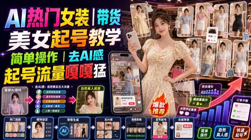 AI热门女装带货丨美女起号教学，简单操作，去AI感，起号流量嘎嘎猛-微众资源
