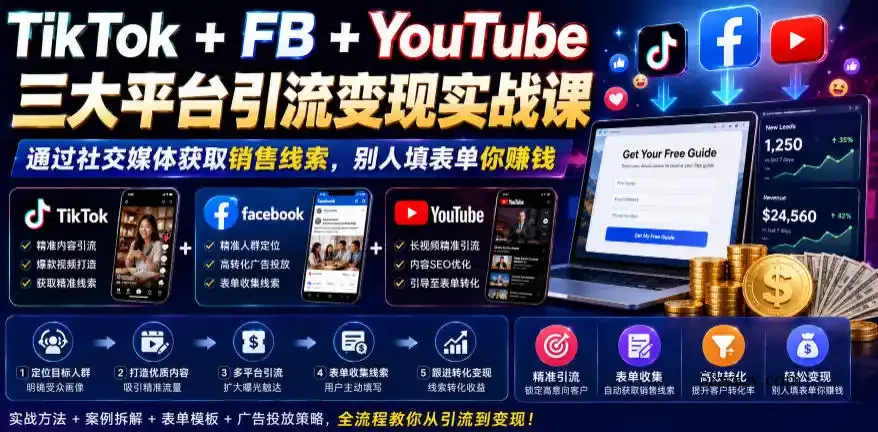TikTok+FB+YouTube三大平台引流变现实战课，通过社交媒体获取销售线索，别人填表单你賺钱【原创双语字幕】-微众资源