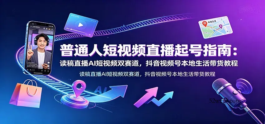 普通人短视频直播起号指南：读稿直播AI短视频双赛道，抖音视频号本地生活带货教程-微众资源
