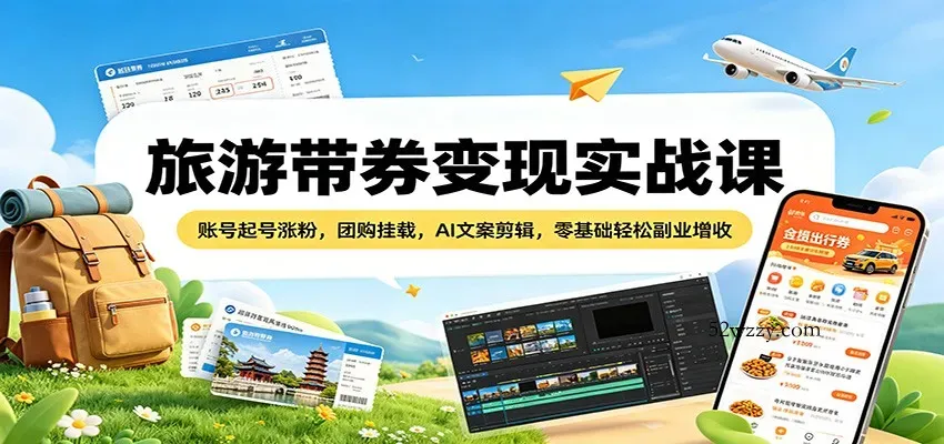 旅游带券变现实战课：账号起号涨粉，团购挂载，AI文案剪辑，零基础轻松副业增收-微众资源